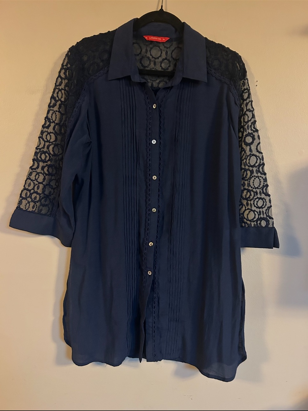 Lakshita XL Navy Blue Lace Sleeve Button Down Tunic Blouse